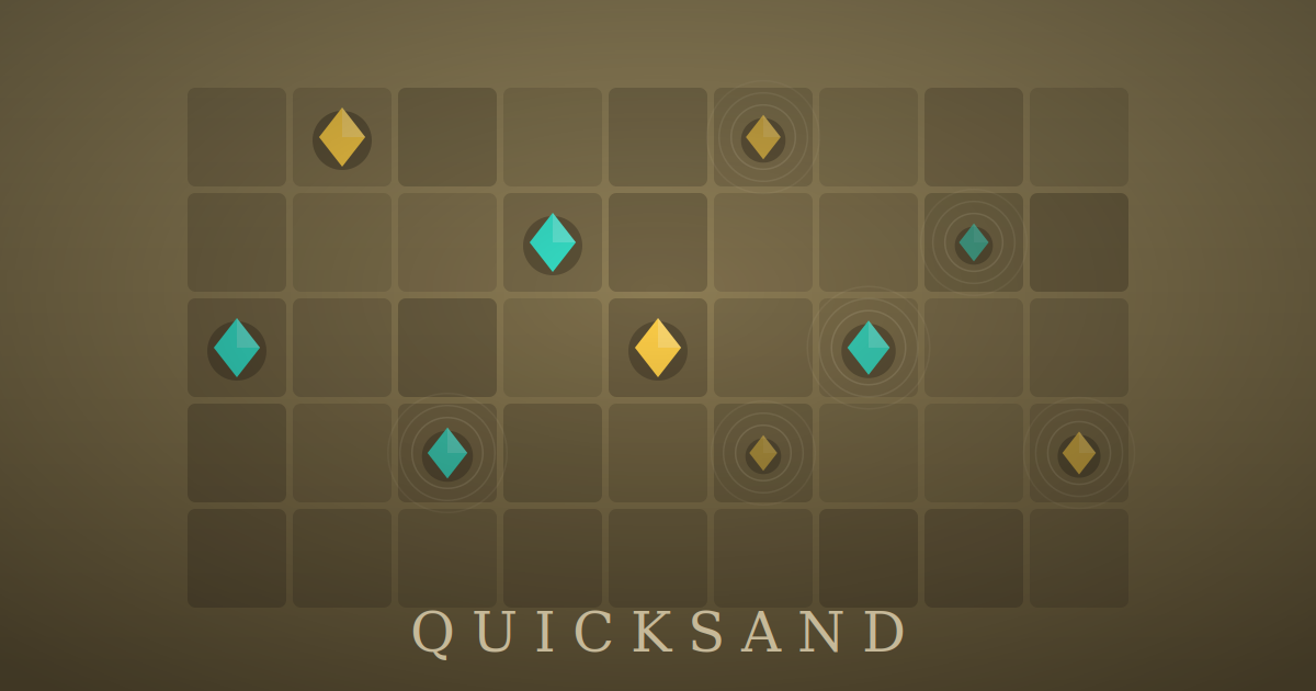 Quicksand &mdash; amber and teal gems sinking into a sand board